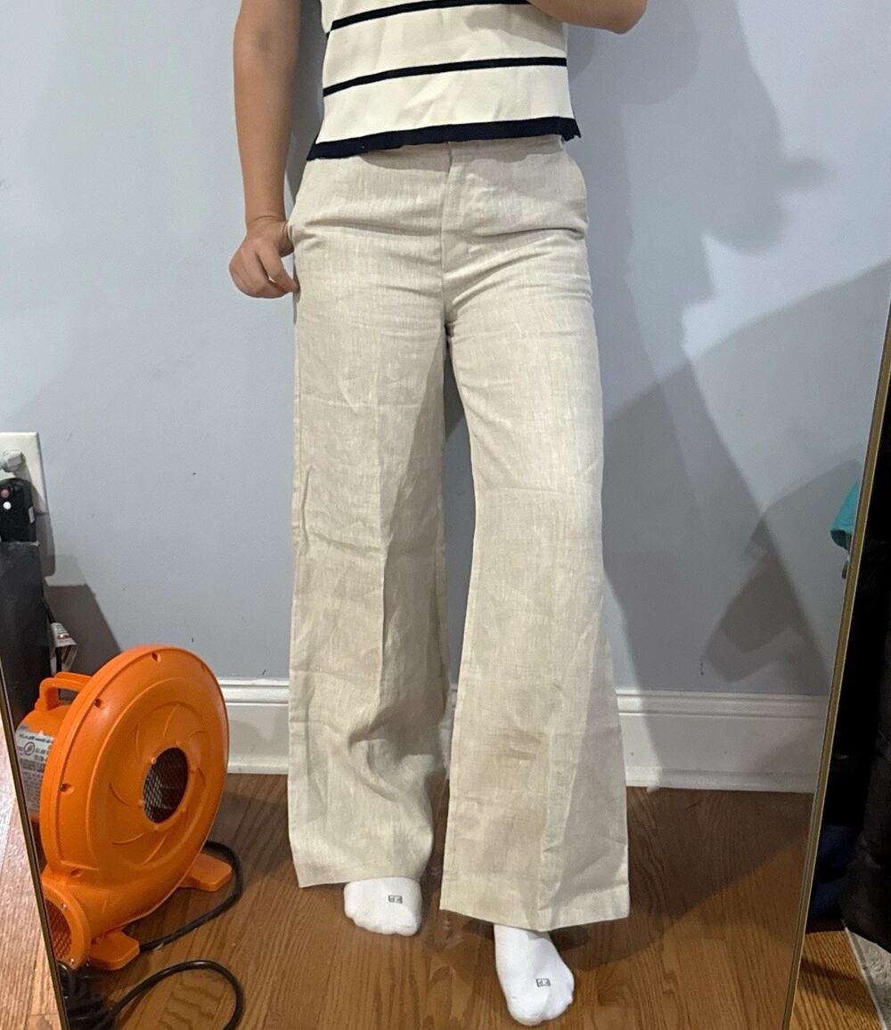Boden 100% Linen Womens 4P 30x29.5 Wide-Leg Dress Pants Flat Front Pockets Beige